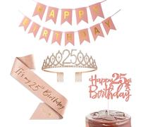 Happy 25th Birthday Party Favor Supplies for Women - Sash, Tiara, Crown, Rose Gold Birthday Cake Topper,Banner for Women Party Decorations
