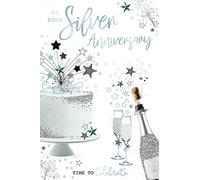 Happy 25th Silver Anniversary Champagne Cake Bunting Design Card Lovely Verse