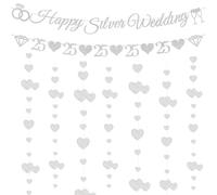 Happy 25th Wedding Anniversary Decorations - Silver Wedding Banner with Diamond and Number 25 Bunting, Glitter Hearts Garland 25th Silver Anniversary Party Supplies