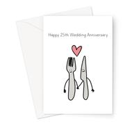 Happy 25th Wedding Anniversary Greeting Card | Silver Wedding Anniversary Card, Silver Knife and Fork in Love, for Spouse, Married 25 Years