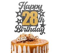 Happy 28th Birthday Cake Topper - Cheers to 28 Years Black Gold Glitter - 28 & Fabulous Cake Decoration - Kids Birthday Cake Topper for Girls or Boys - Party Supplies
