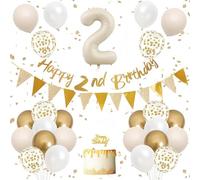 Happy 2nd Birthday Decorations Kit - Champagne Gold & White Party Supplies Set with Number 2 Balloon, Triangle Garland, Cake Topper and Banner for Toddler's Second Birthday Party Decor