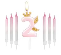Happy 2nd Birthday Number Candles, Gold Crown with Wing Candles for Cake, Pink Birthday Decorations for Her, Cute 2 Candles Cake Cupcake Topper for Girls Women Birthday Party 2nd Wedding Anniversary