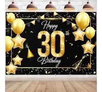Happy 30th Birthday Backdrop Print Wall Decorations Backdrop Party Background Balloons Stars Black and Gold Glitter Cheers to 30 Years Old Party Decorations for Men Women