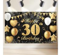 Happy 30th Birthday Banner and Photo Backdrop - Black Gold Party Background Supplies for Men and Women - Props and Decorations Sign 180×110cm