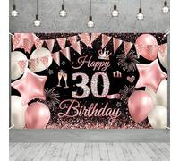 Happy 30th Birthday Banner for Women and Men - 180 x 110cm Black Rose Decorations Backdrop Fabric Sign Poster Photo Background for Her Him Anniversary Party