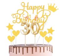 Happy 30th Birthday Cake Topper & Candles - Gold Number 30 for Cake Decorations - Cupcake Topper for Women, Her, Men, Him