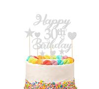Happy 30th Birthday Cake Topper Set, 30th Birthday Cake Topper with Heart Star Cupcake Cake Topper Picks Glitter Cake Decoration for Birthday Party Cake Supplies - 9pcs (Silver)