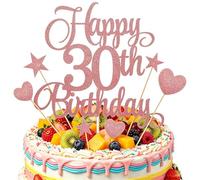 Happy 30th Birthday Cake Topper Set - Rose Gold Glitter 7PCS Cake Decorations with Stars and Hearts for Birthday Party Dessert Table Decor