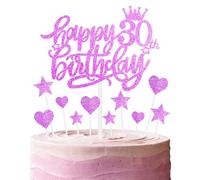 Happy 30th Birthday Cake Toppers, Hot Pink Cake Cupcake Toppers for Cake, Glitter Heart Stars Cake Toppers, Birthday Gift, Personalised Cake Toppers for Women Girls 30th Birthday Cake Decorations