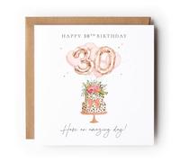 Happy 30th Birthday Card for Her, Floral Cake and Rose Gold Balloon Design, Milestone Birthday
