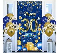 Happy 30th Birthday Decorations Door Banner and Balloons,Navy Blue Gold Door Cover Porch Banner Backdrop with 18pcs Happy Birthday Balloons for 30th Anniversary Men Women Birthday Party Sign Decor