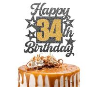Happy 34th Birthday Cake Topper - Black and Gold Glitter Number Cake Topper - Number 34