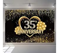 Happy 35th Anniversary Decorations Backdrop Banner, 35 Years Wedding Anniversary Fabric Sign Poster, Black and Gold Photo Background Party Supplies Welcome Sign, 150 cm x 90 cm