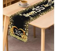 Happy 35th Anniversary Table Runner, 35th Wedding Anniversary Party Decoration Kitchen Dining Table Table Cloth Indoor Outdoor Decoration, Black and Gold, 183 cm x 33 cm