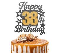 Happy 38th Birthday Cake Topper - Cheers to 38 Years Black Gold Glitter - 38 & Fabulous Cake Decoration - Kids Birthday Cake Topper for Girls or Boys - Party Supplies