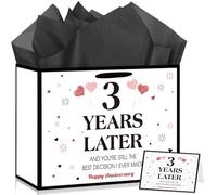 Happy 3rd Anniversary Party Favor Bag with Tissue Paper and Greeting Card White Three Year Wedding Anniversary Wrapping Gift Paper Bag 3 Year Later Third Wedding Bags for Him Her Couple Wife Husband