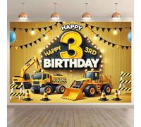 Happy 3rd Birthday, Architecture Backdrop Banner - Bright Yellow Polyester Fiber Wall Decoration with Excavator Design 250x180CM