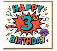 Happy 3rd Birthday Card - Comic Book Pop Art BOOM POW Design with Stars & Lightning - Colourful Kids Birthday Card for 3 Year Old