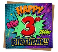Happy 3rd Birthday Card for Child, Comic Book Style Birthday Card with Bold Colourful Design and Fun Boom Zoom Graphics