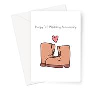 Happy 3rd Wedding Anniversary Funny Greeting Card | Leather Wedding Anniversary Card for Husband Or Wife, Pair of Leather Boots, Love Heart