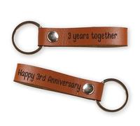 Happy 3rd Wedding Anniversary Vegan PU Leather Third Keyring x2, 3 Years Together Wife Husband Faux Romantic Gift Husband Key Ring Him Her Mr Mrs Couples Valentines Engagement Keepsakes Partners