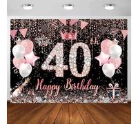 Happy 40th Birthday Backdrop 10 x 8 ft Fabric Rose Golden Glitter Women Happy Birthday Backdrop, 40 Year Old Birthday Photography Pink Glitter Party Banner Photo Shoot Props Decoration