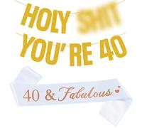 Happy 40th Birthday Banner, 40th Birthday Decorations Banner for Women Men and 80cm Sash Gold Glitter Banners Holy Shit You're 40 Party Decor Sign Funny Party Supplies