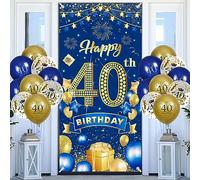 Happy 40th Birthday Decorations Door Banner and Balloons,Navy Blue Gold Door Cover Porch Banner Backdrop with 18pcs Happy Birthday Balloons for 40th Anniversary Men Women Birthday Party Sign Decor
