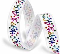 Happy 40th Birthday Satin Ribbon 25mm x 2m - Gift Wrapping & Cake Decor | White & Multi Colour Ribbon Sold in 2 metre lengths, ideal for bday presents, party decor, greeting cards, balloons, crafts