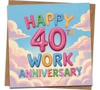 Happy 40th Work Anniversary Card - Balloon Letters, Sky and Clouds - 145mm x 145mm Square Greeting Card with Kraft Envelope - Office Coworker, Employee Milestone Celebration