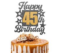 Happy 45th Birthday Cake Topper - Black and Gold Glitter Number Cake Topper - Number 45