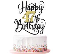 happy 47th birthday cake topper， 47 birthday party cake decorations (Black and gold flashes, 47th)