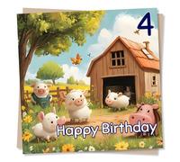 Happy 4th Birthday Card For a Child, Kid, Son, Daughter, Grandson, Granddaughter Friend - Fourth Birthday - 4 Birthday, Four Celebrations - Animal Lover, Farm, Farmyard - Playful Birthday Wishes