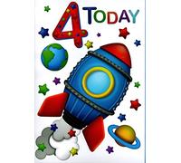 Happy 4th Birthday Card - Four Today - Rocket Stars Earth Saturn Planets Space - For Him Male Boy