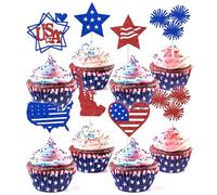Happy 4th of July Cupcake Topper, Happy Birthday America, Fourth of July Patriotic USA Independence Day Birthday Party Cupcake Picks Decorations Supplies, Red and Blue Glitter, 16PC