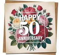 Happy 50th Anniversary Card - Floral Roses Design, Square 145 x 145 mm Greeting Card with Kraft Envelope - Golden Wedding Anniversary Card for Couple, Husband, Wife