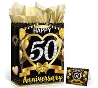 Happy 50th Anniversary Party Gift Bag, Black Gold 50th Anniversary Party Gift Bag with Tissue Papers and Card 50th Anniversary Party Gift Wrapping Bag Treat Bag 50th Golden Wedding Anniversary Decor