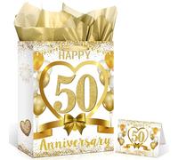 Happy 50th Anniversary Party Gift Bag, White Gold 50th Anniversary Party Gift Bag with Tissue Papers and Card 50th Anniversary Party Gift Wrapping Bag Treat Bag 50th Golden Wedding Anniversary Decor
