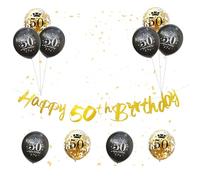 Happy 50th Birthday Banner, 12PCS Black Gold 50th Birthday Decorations Kit with Happy 50th Birthday Banner Bunting 12Inch Happy 50th Birthday Confetti Balloons for 50th Birthday Party Supplies