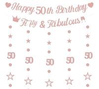 Happy 50th Birthday Banner Decorations - Rose Gold Glitter Fifty Banners Party Supplies for Girls, Circle Dots Star Garland Birthday Banner Set for 50 Years Old Party Decor