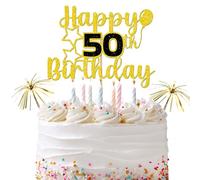 Happy 50th Birthday Cake Topper with Number and Firework Sticks - Gold Glitter Party Decoration for Men Women Kids, Cake Insert Set for Birthday Celebration