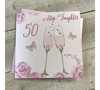 Happy 50th Birthday Card Step Daughter Pink Cake & Sparkly Glasses by White Cotton Cards SS42-SD50