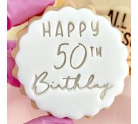Happy 50th Birthday Cookie Cutter Stamp Embosser fits m&s Biscuits Great for Fondant Icing Fifty 50 Birthday Reusable Marks and Spencers Party Favours Free Matching Cutter