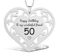 Happy 50th Birthday Ornament Stainless Steel Heart with Laser Engraved Message, Milestone Birthday Gift for Friend, Heart Shaped Hanging Decoration with Bead Chain, CHC720