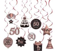 Happy 50th Birthday Party Hanging Swirls Streams Ceiling Decorations, 50 Foil Hanging Swirls with Cutouts for 50 Years Rose Gold Birthday Party Decorations Supplies