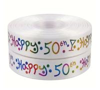 Happy 50th Birthday Ribbon White Multi Colour Satin 25mm x 2m, Birthday Ribbon for Gift Wrapping, Party Ribbons for Gift Wrapping, Cakes, 50th Birthday Decorations Cards and Creative Crafts
