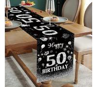 Happy 50th Birthday Table Runner - Black & Silver, Non-Slip Dining Table Linen Cloth Decor - 180x35cm