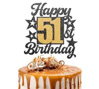Happy 51st Birthday Cake Topper - Black and Gold Glitter Number Cake Topper - Number 51
