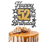 Happy 52nd Birthday Cake Topper - Black and Gold Glitter Number Cake Topper - Number 52